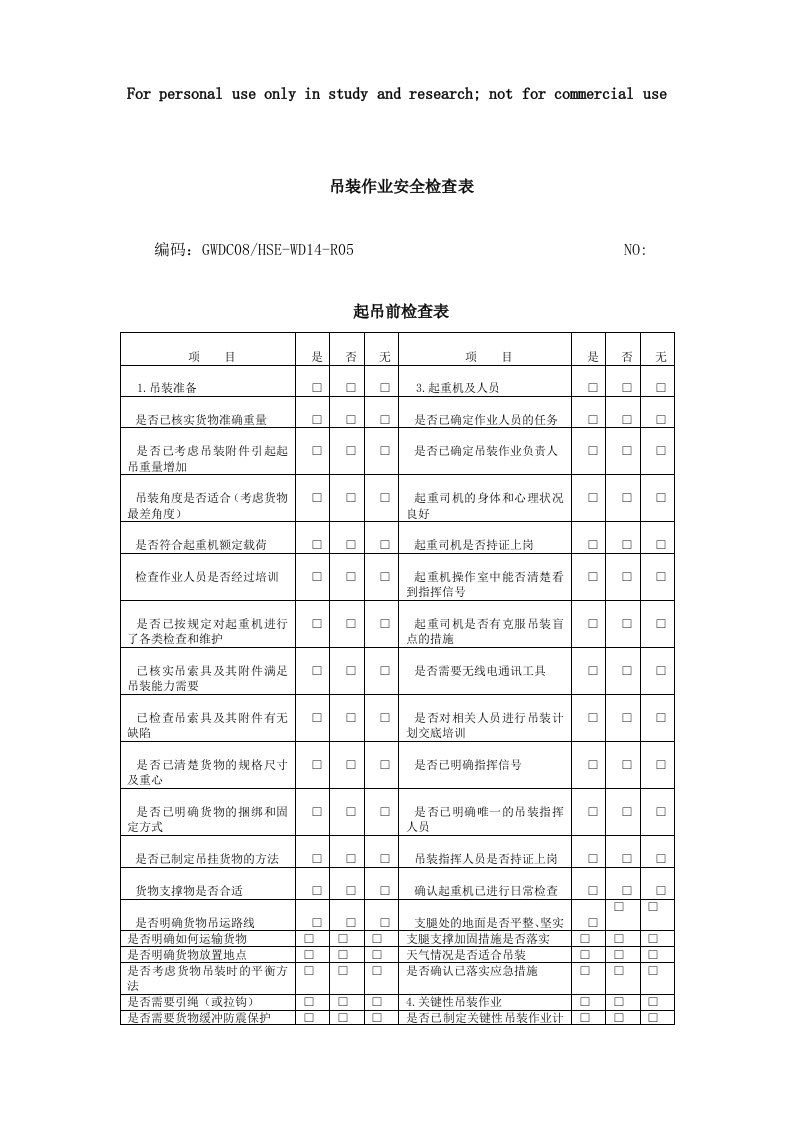 吊装作业安全检查表