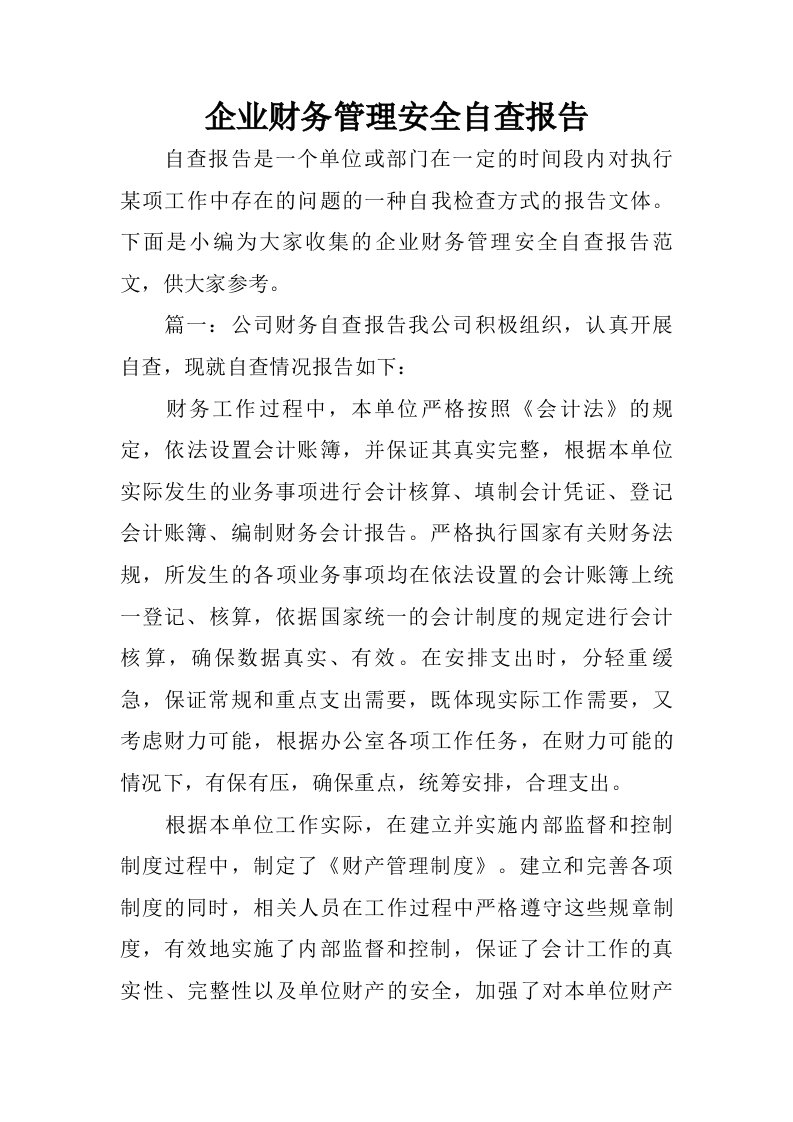 企业财务管理安全自查报告.doc