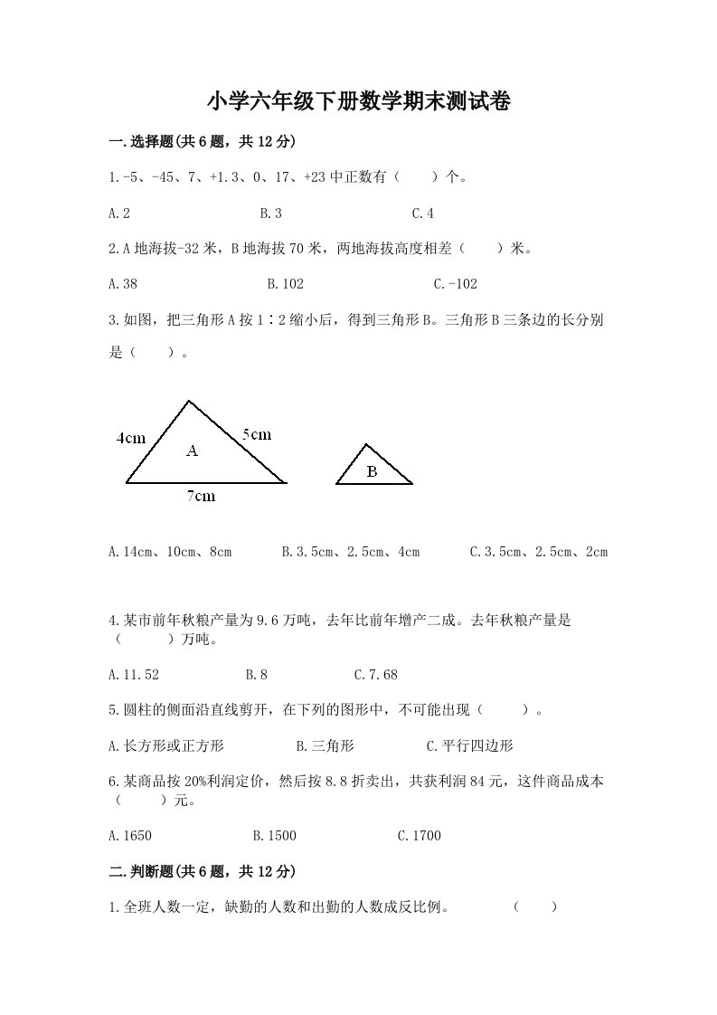 小学六年级下册数学期末测试卷及完整答案【各地真题】