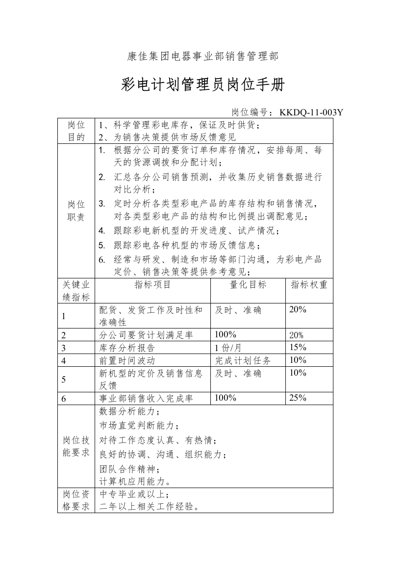 【企业管理】彩电计划管理员岗位手册