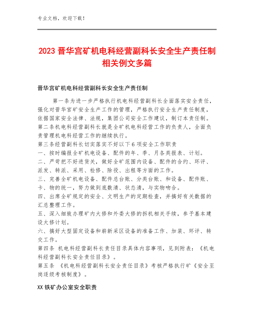 2023晋华宫矿机电科经营副科长安全生产责任制例文多篇