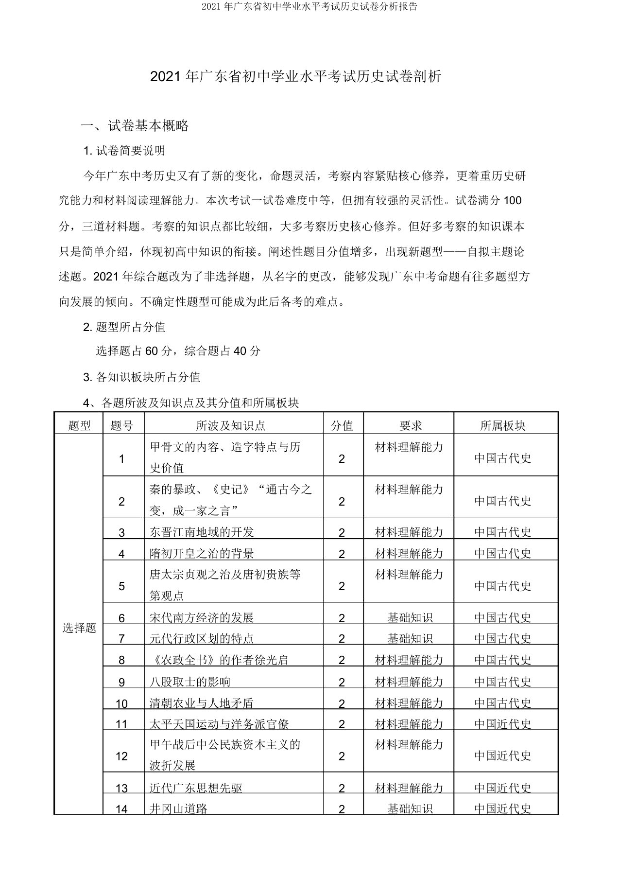 2021年广东省初中学业水平考试历史试卷分析报告