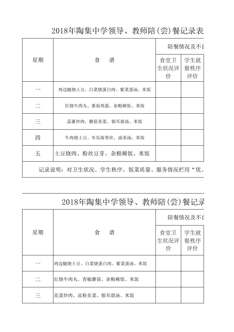 领导、教师陪餐记录表