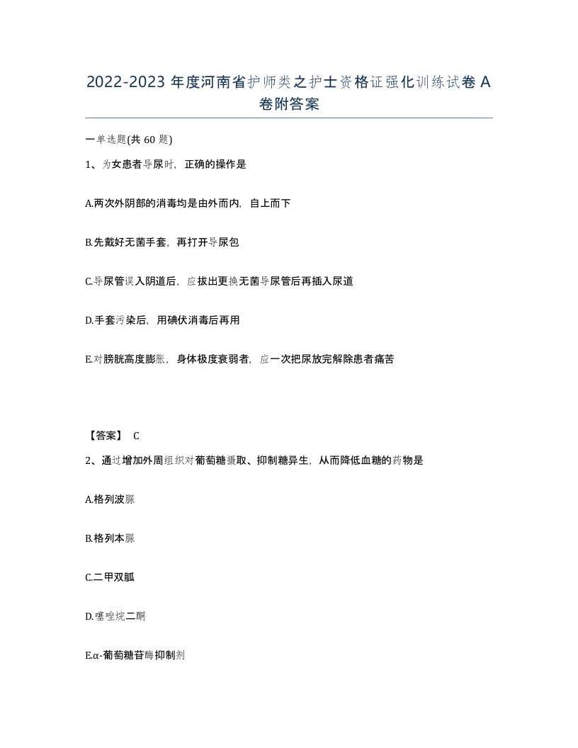 2022-2023年度河南省护师类之护士资格证强化训练试卷A卷附答案