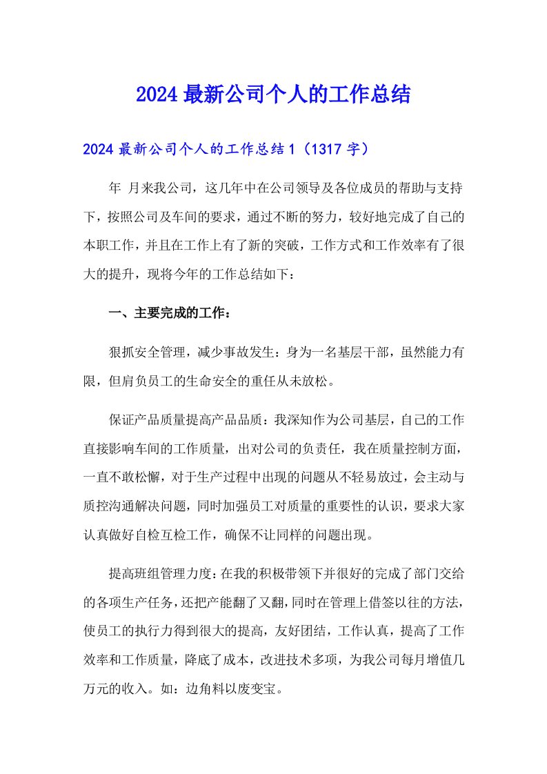 2024最新公司个人的工作总结