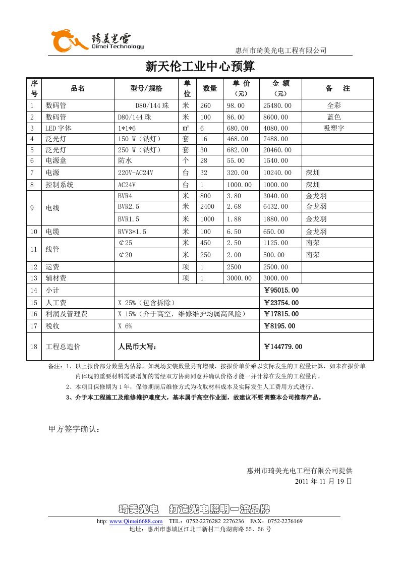 LED亮化工程预算清单