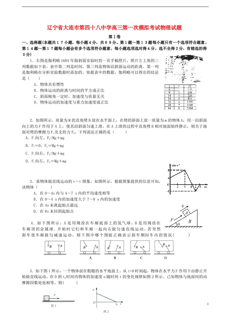 辽宁省大连市第四十八中学高三物理第一次模拟考试试题