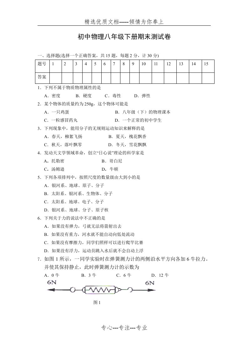 初中物理八年级下册期末测试卷及答案(共8页)