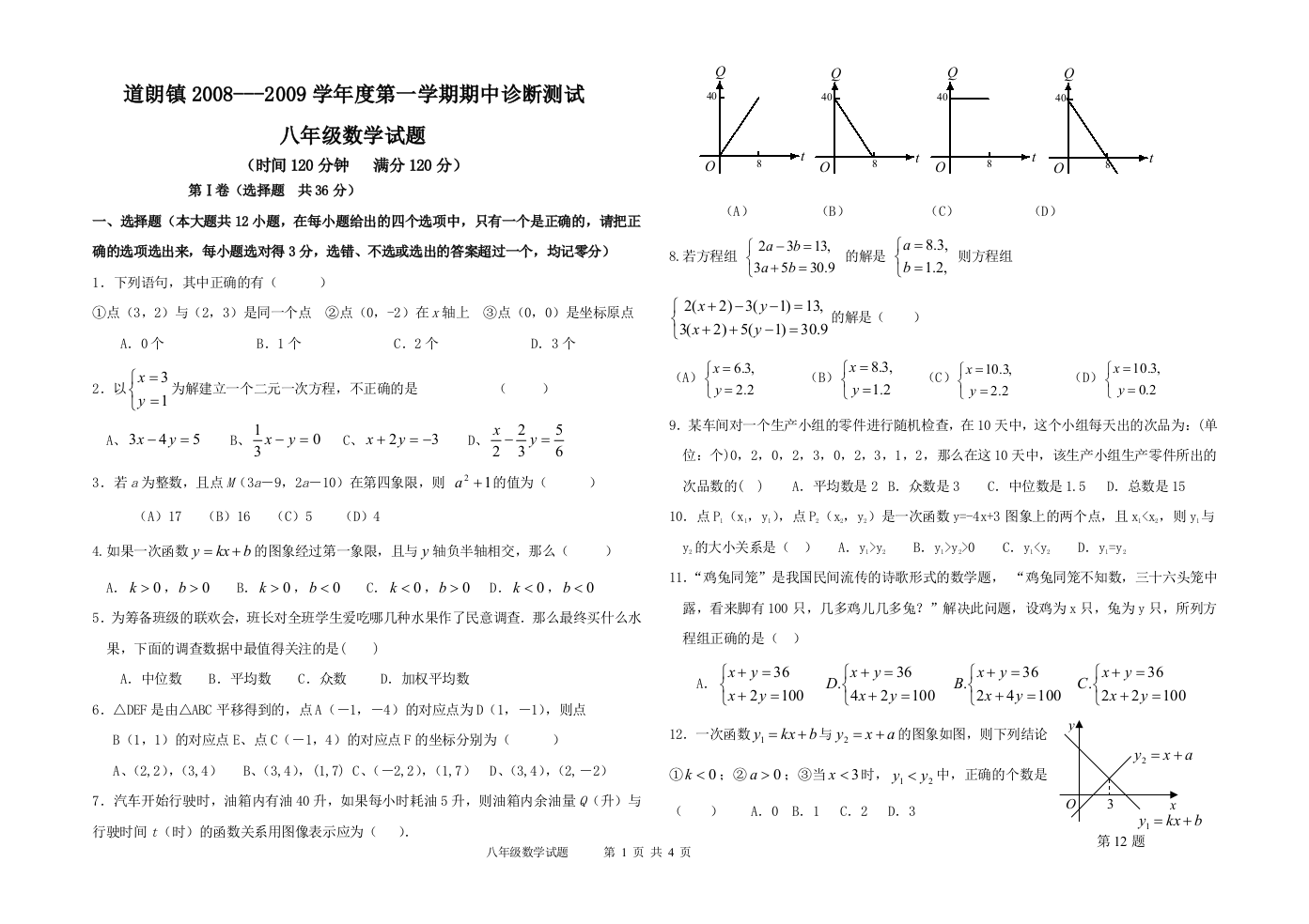 【小学中学教育精选】2008---2009学年度第一学期期中诊断测试