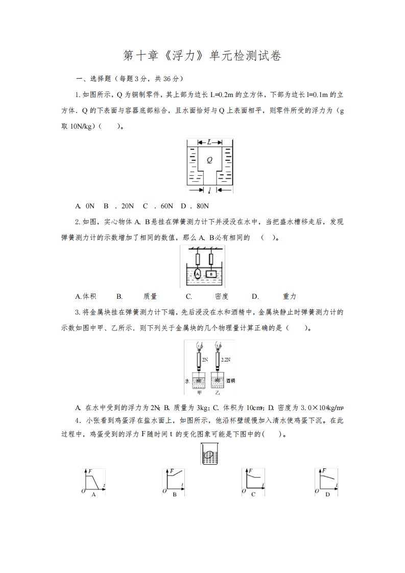 人教版八年级物理下册第十章《浮力》单元检测试卷测试题(含答案)