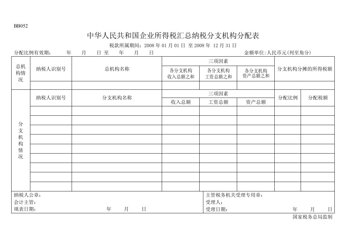 BB052企业所得税汇总纳税分支机构分配表