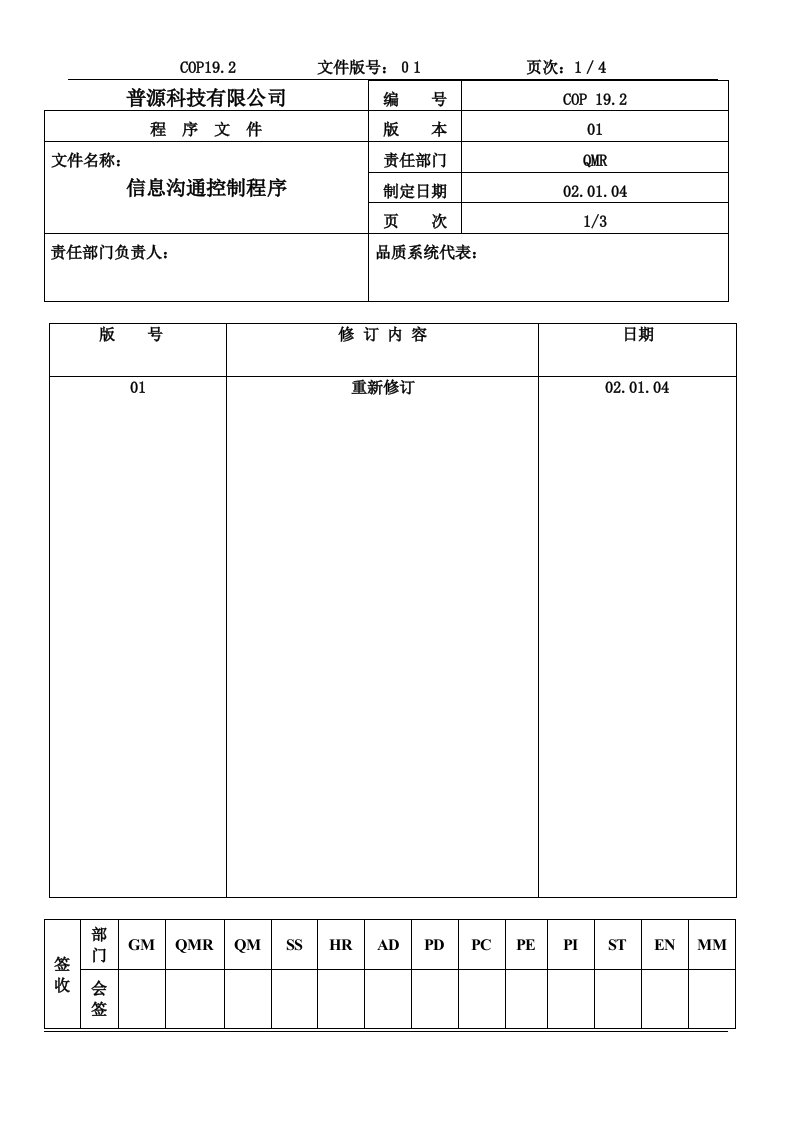 质量体系编写表格COP19.2