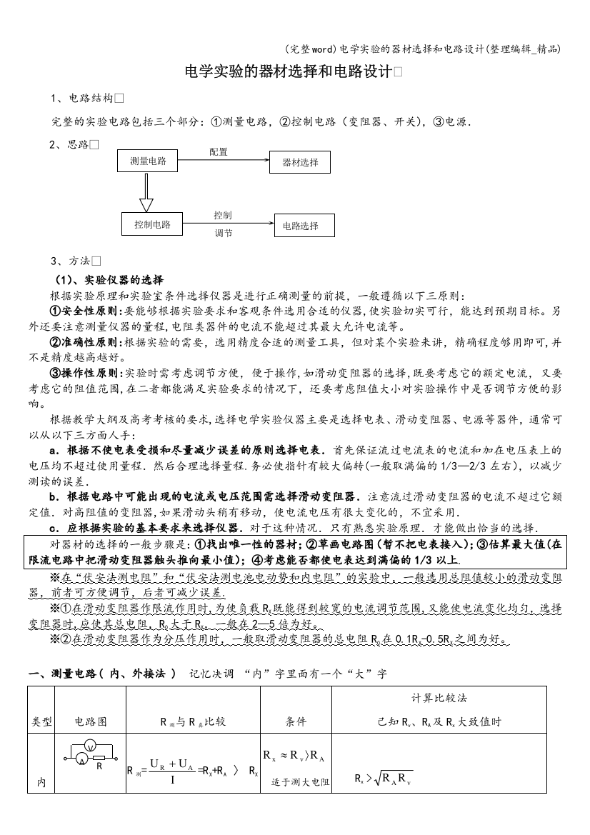 电学实验的器材选择和电路设计(整理编辑-精品)