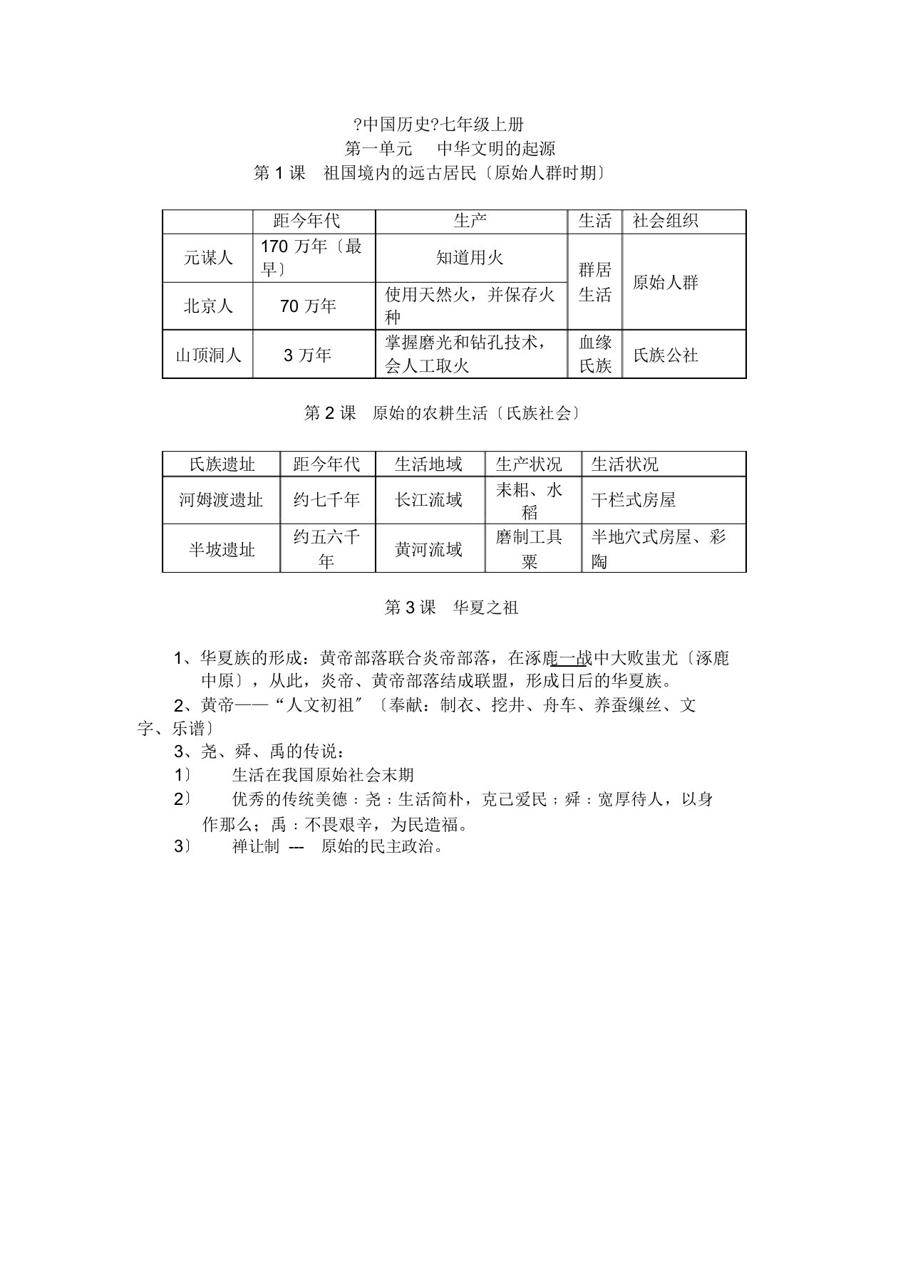 人教版七年级历史第一单元知识点总结