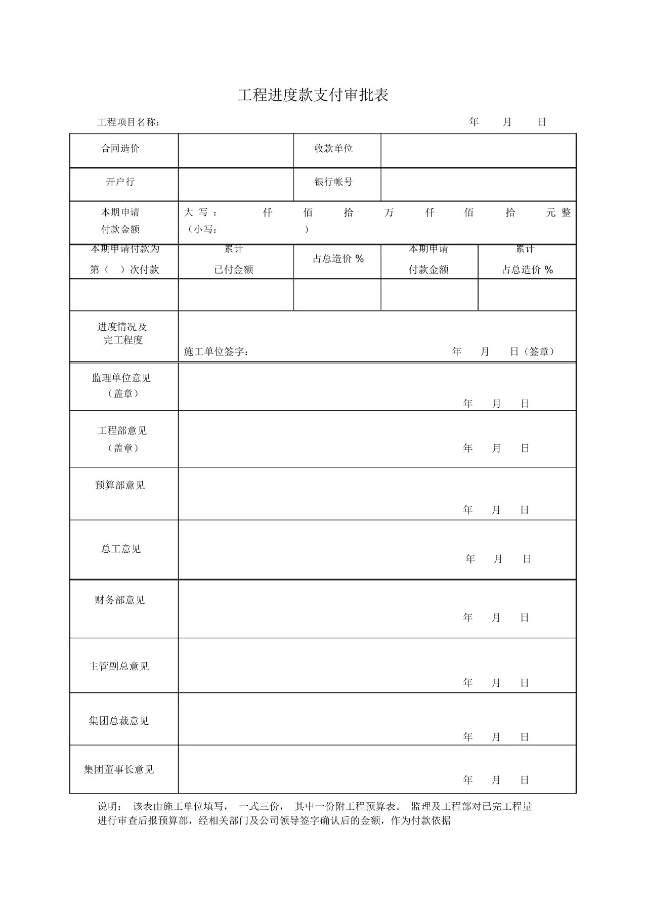 工程进度款支付审批表