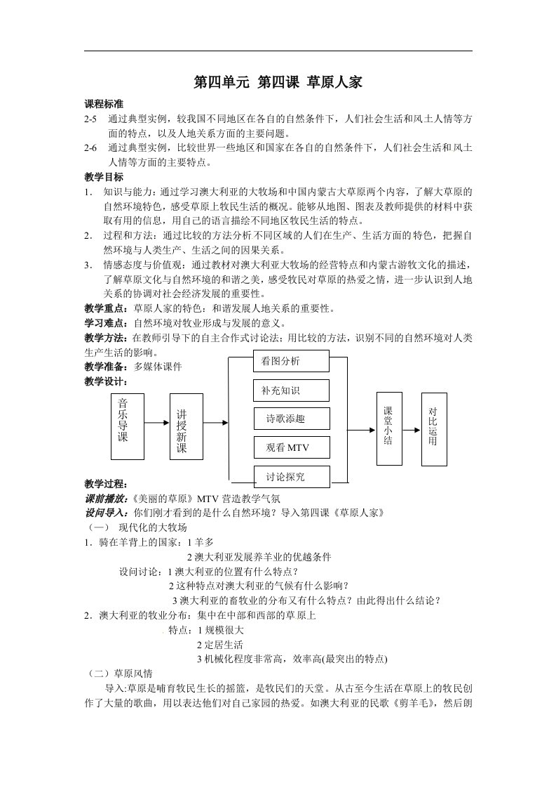 人教版历史与社会七上《草原人家》