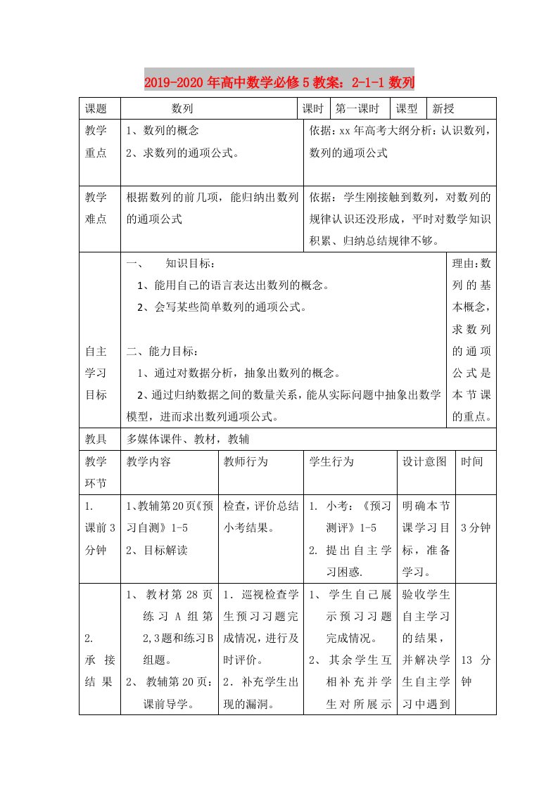 2019-2020年高中数学必修5教案：2-1-1数列