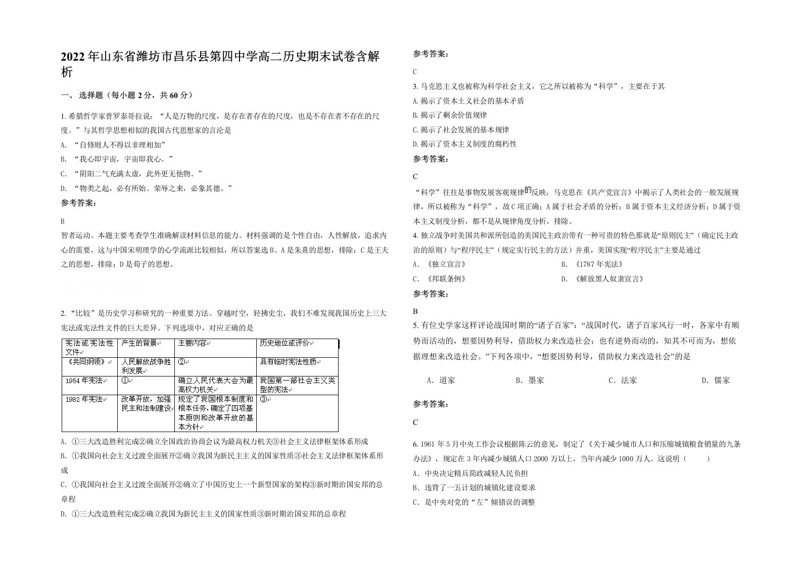 2022年山东省潍坊市昌乐县第四中学高二历史期末试卷含解析