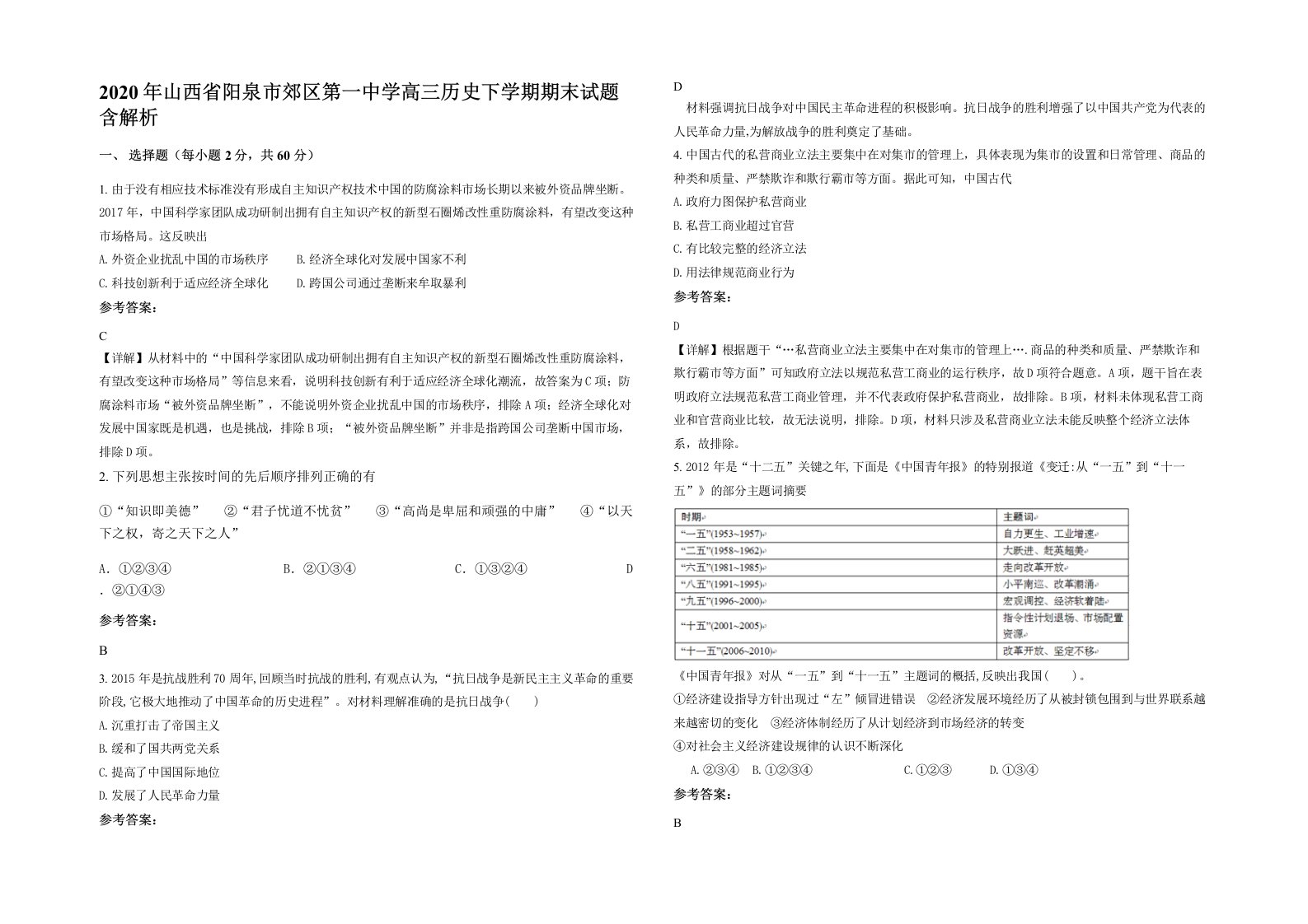 2020年山西省阳泉市郊区第一中学高三历史下学期期末试题含解析