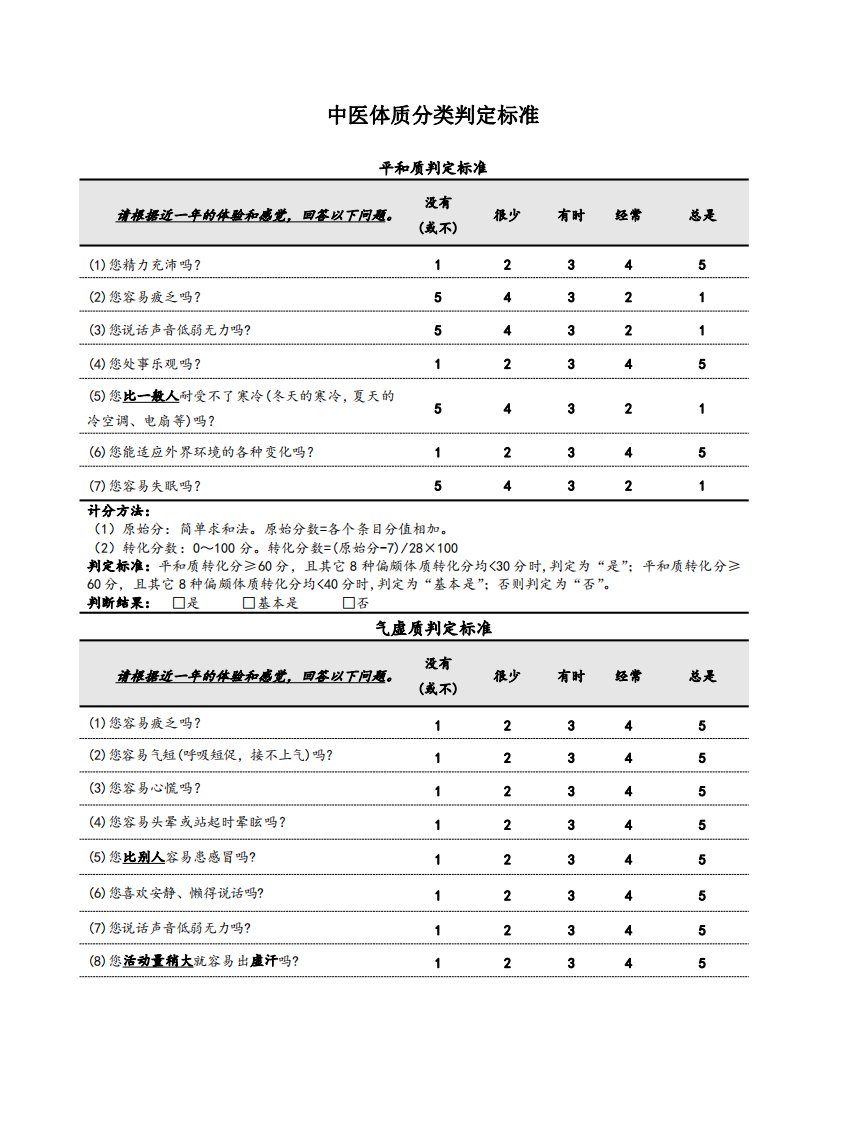 中医体质分类判定标准