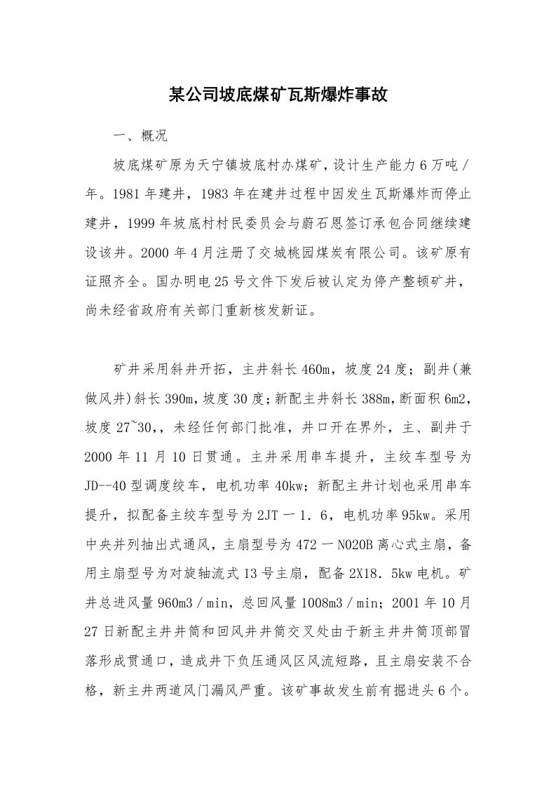 事故案例_案例分析_某公司坡底煤矿瓦斯爆炸事故