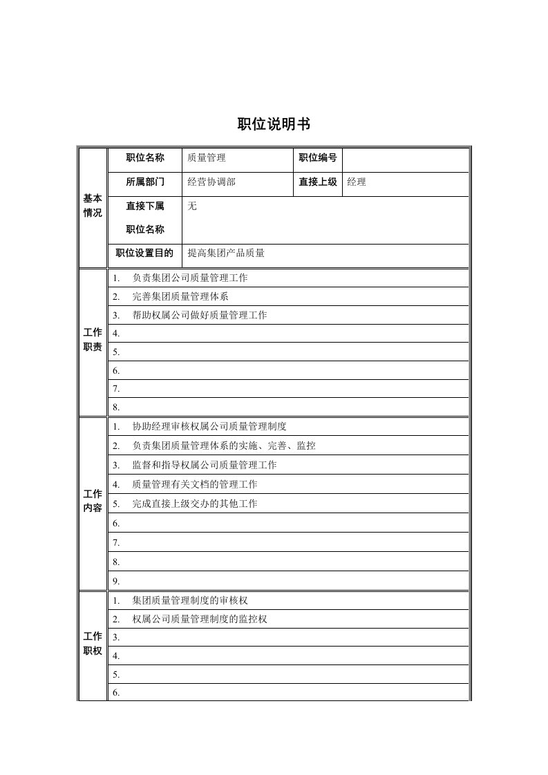 经营协调部-质量管理职位说明书