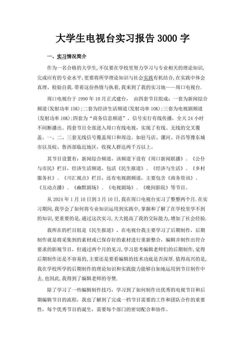 大学生电视台实习报告范文3000字