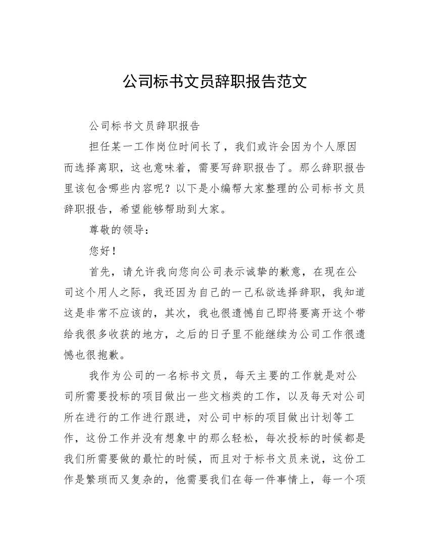 公司标书文员辞职报告范文