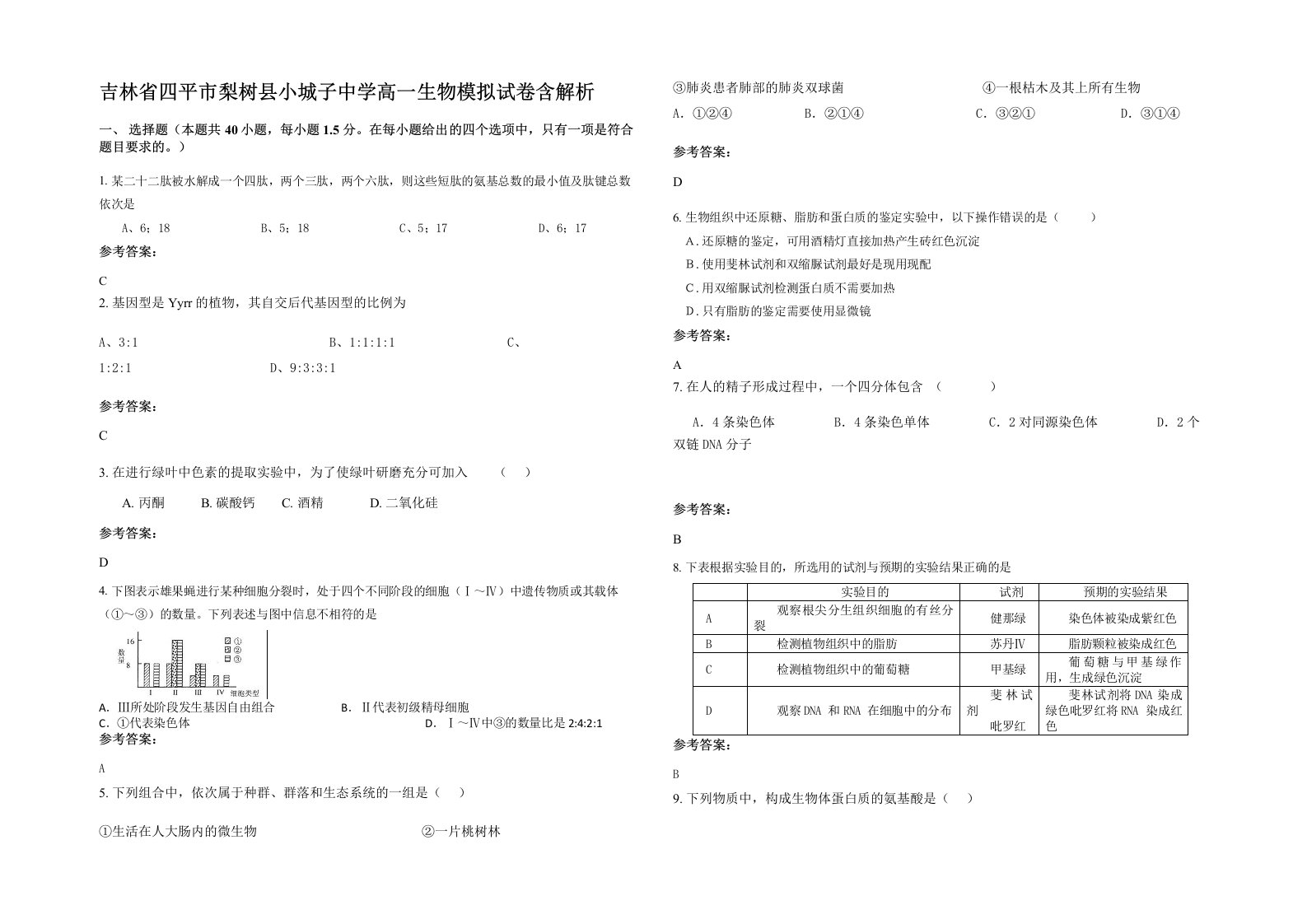 吉林省四平市梨树县小城子中学高一生物模拟试卷含解析