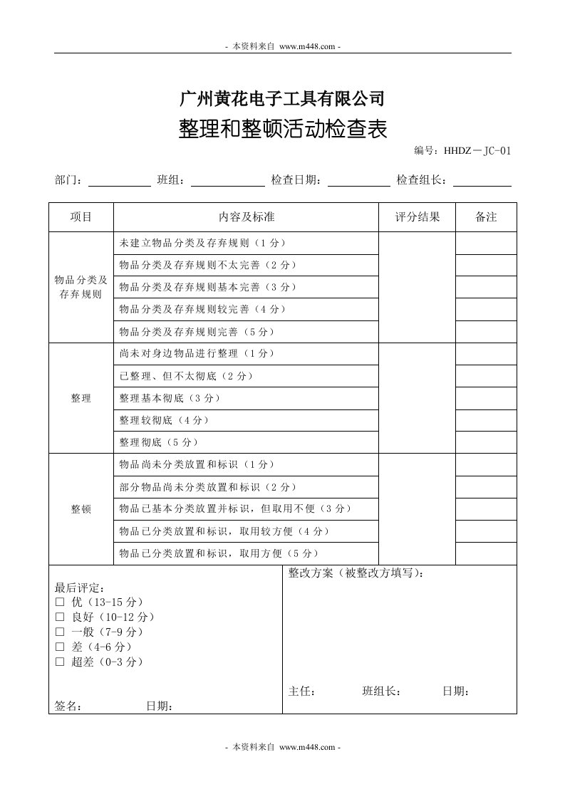 黄花电子工具公司8S现场检查表DOC-生产制度表格