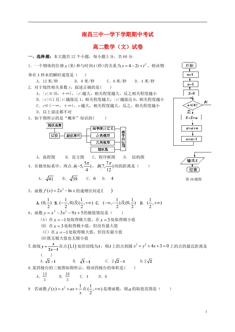 江西省南昌市第三中学高二数学下学期期中试题