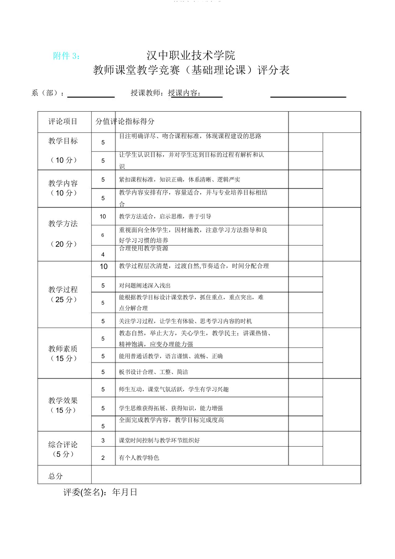 教学竞赛评分标准