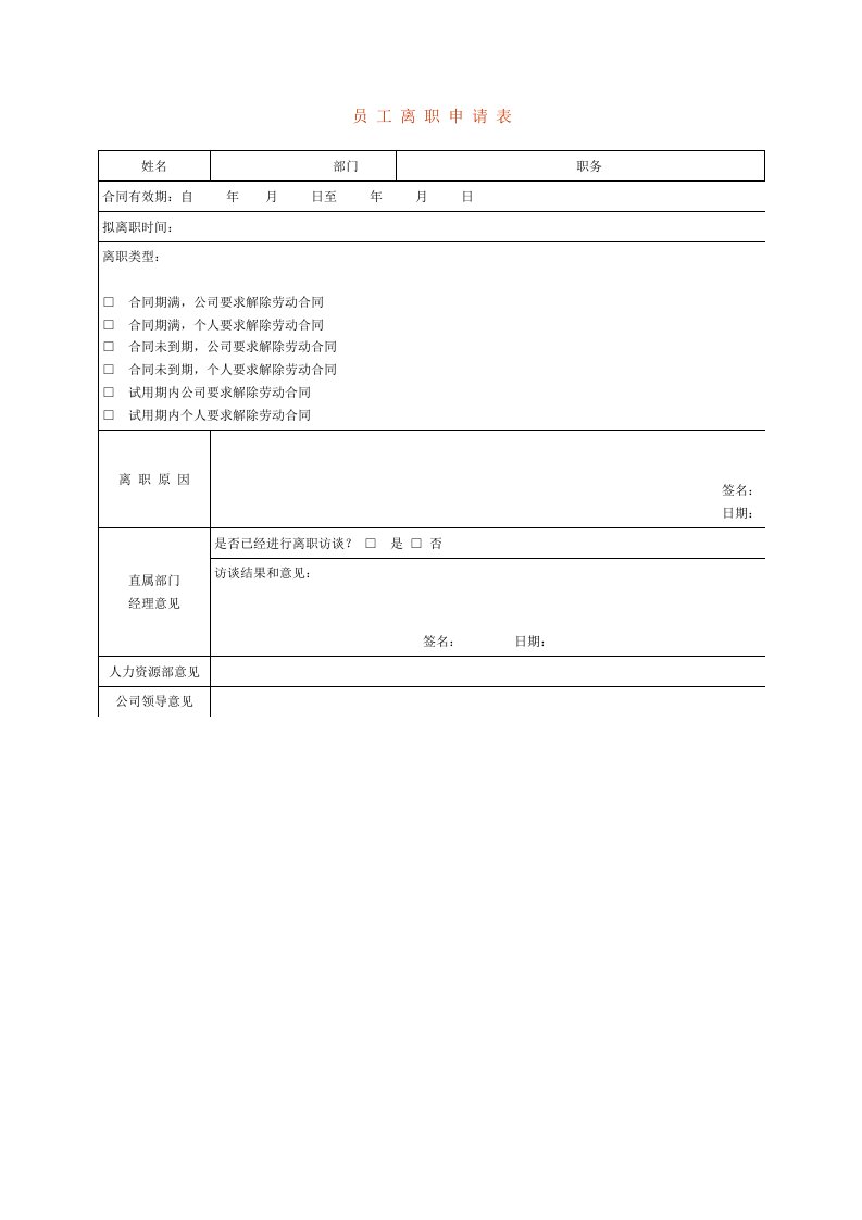 考勤管理-员工离职申请表