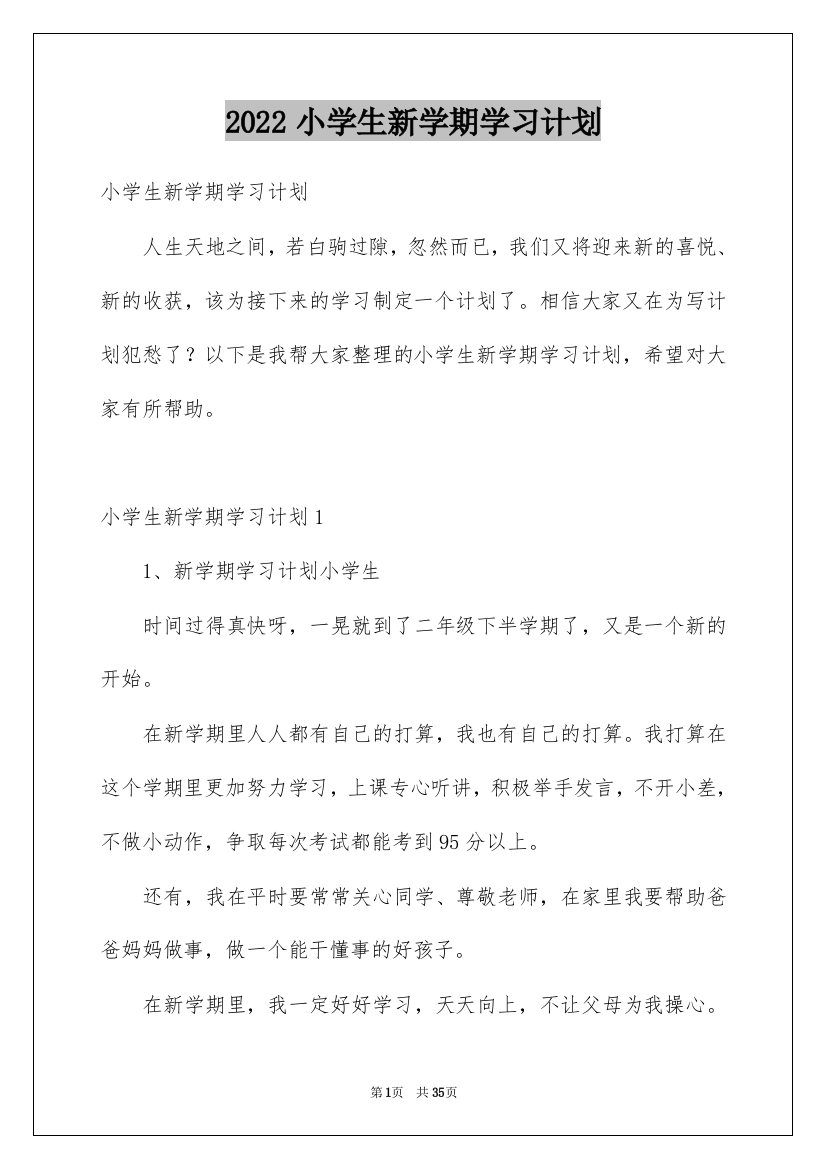 2022小学生新学期学习计划