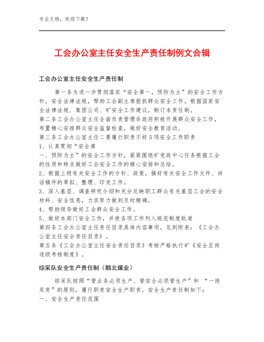 工会办公室主任安全生产责任制例文合辑