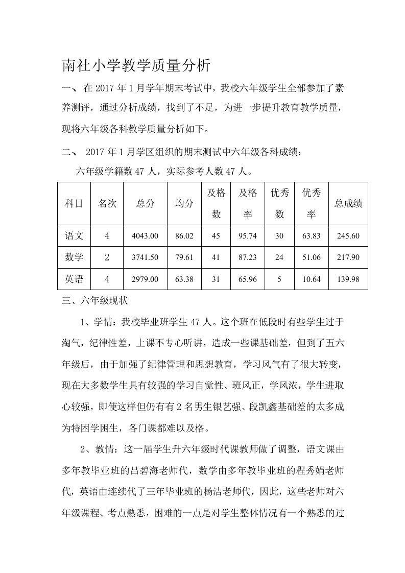 2017学年南社小学质量分析及六年级毕业班班管理措施