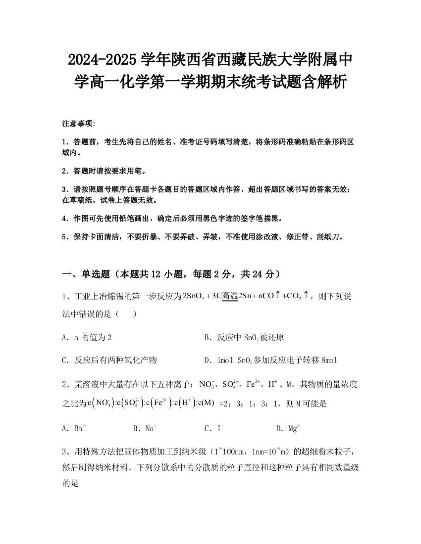 2024-2025学年陕西省西藏民族大学附属中学高一化学第一学期期末统考试题含解析