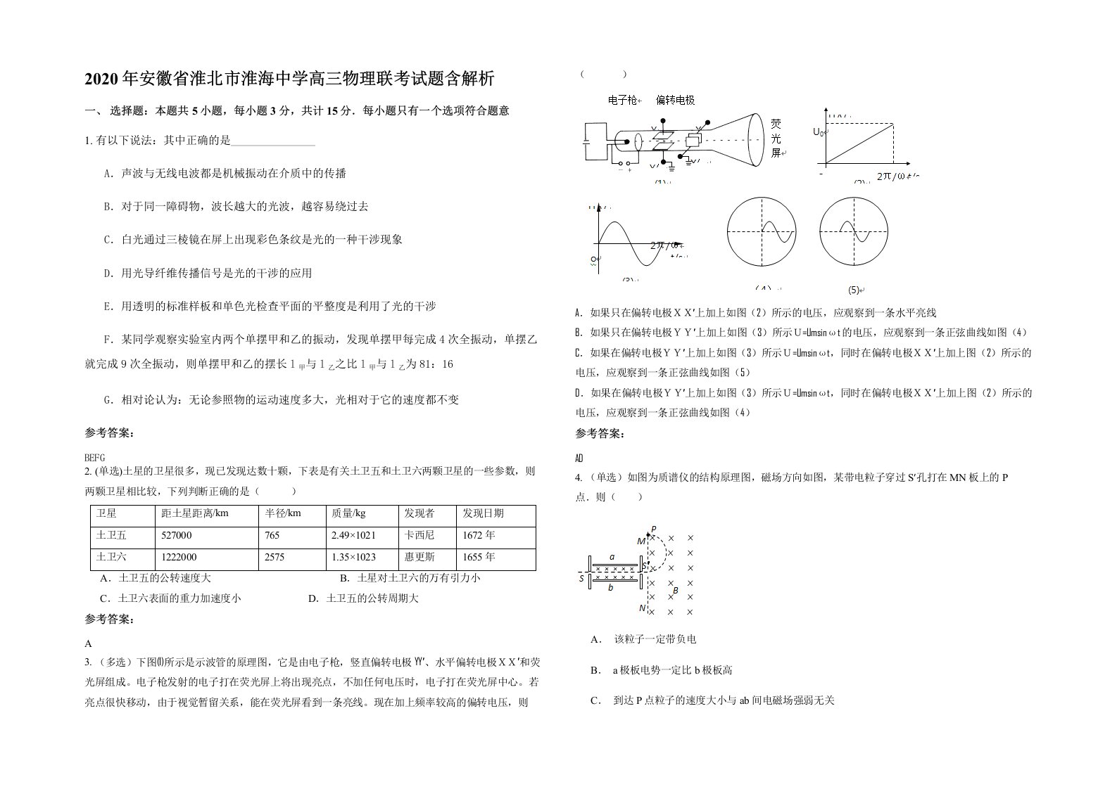 2020年安徽省淮北市淮海中学高三物理联考试题含解析