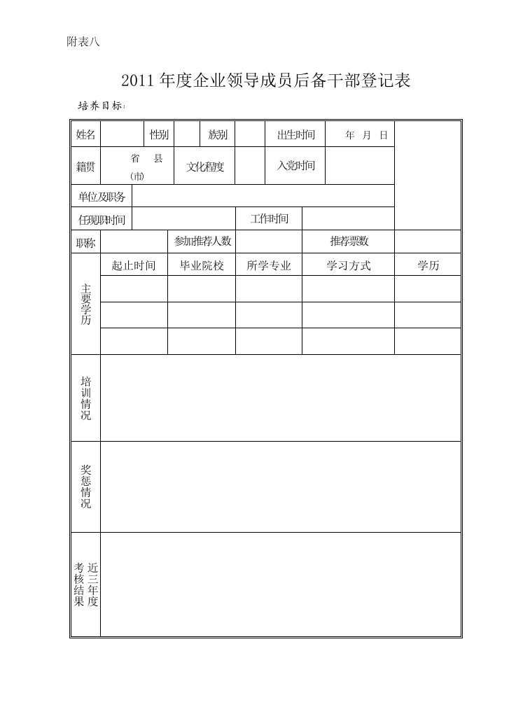 后备干部登记表