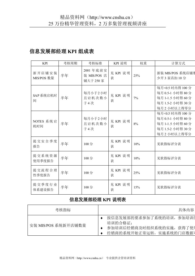 某体育用品公司信息发展部经理岗位KPI组成表