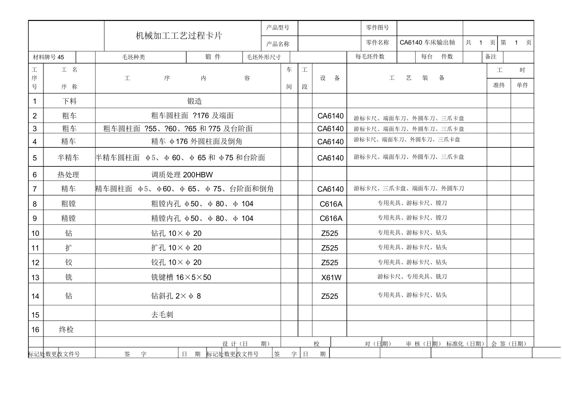 最新CA6140车床输出轴加工工艺过程卡片+工序卡片