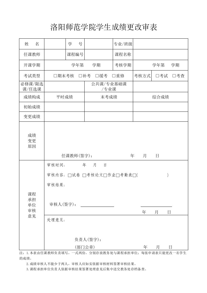 洛阳师范学院学生成绩更改审表