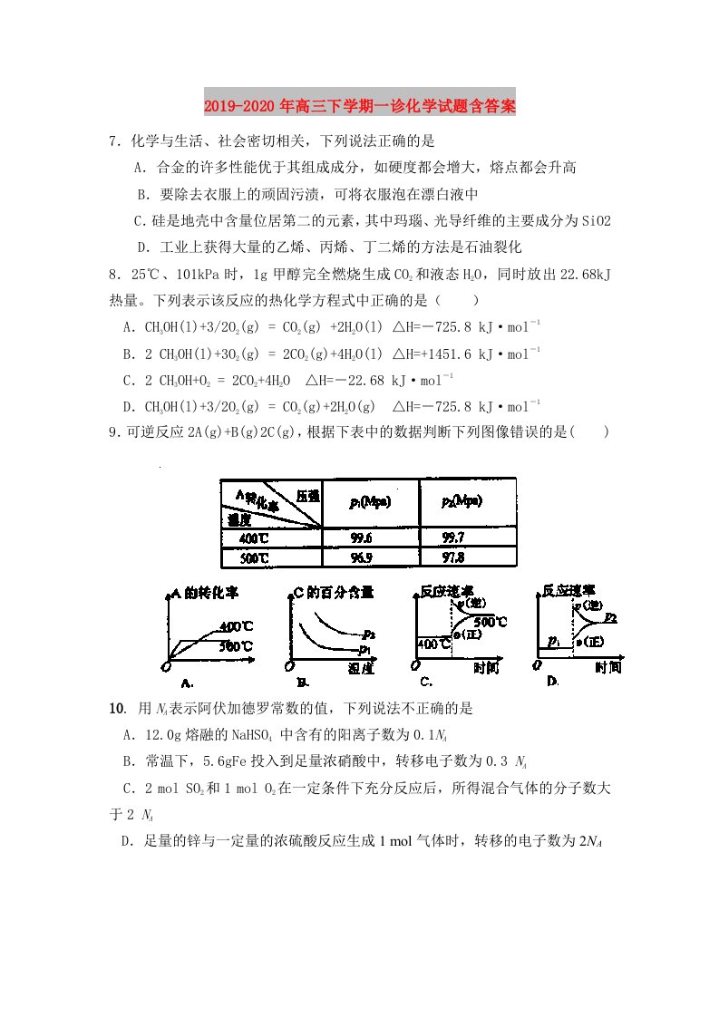 2019-2020年高三下学期一诊化学试题含答案