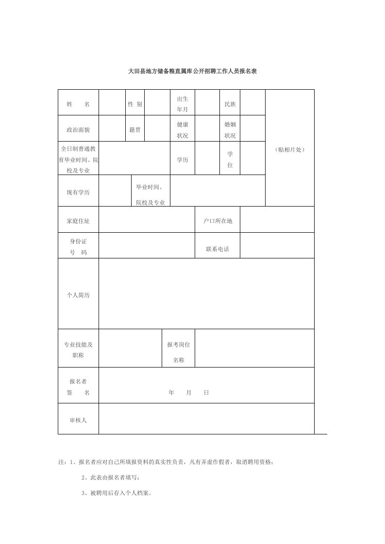 大田县地方储备粮直属库公开招聘工作人员报名表