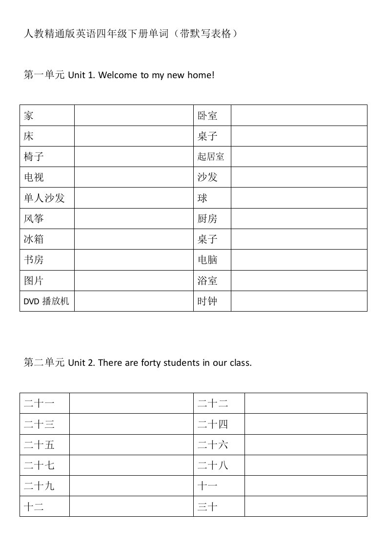 人教精通版小学英语四年级下册单词表(带默写表格)