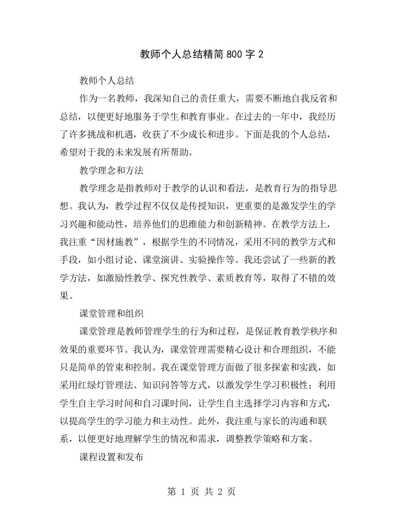 教师个人总结精简800字2