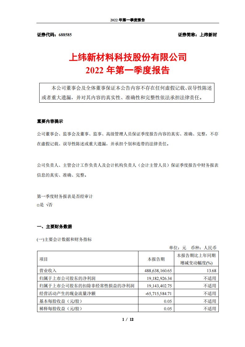 上交所-上纬新材料科技股份有限公司2022年第一季度报告-20220429