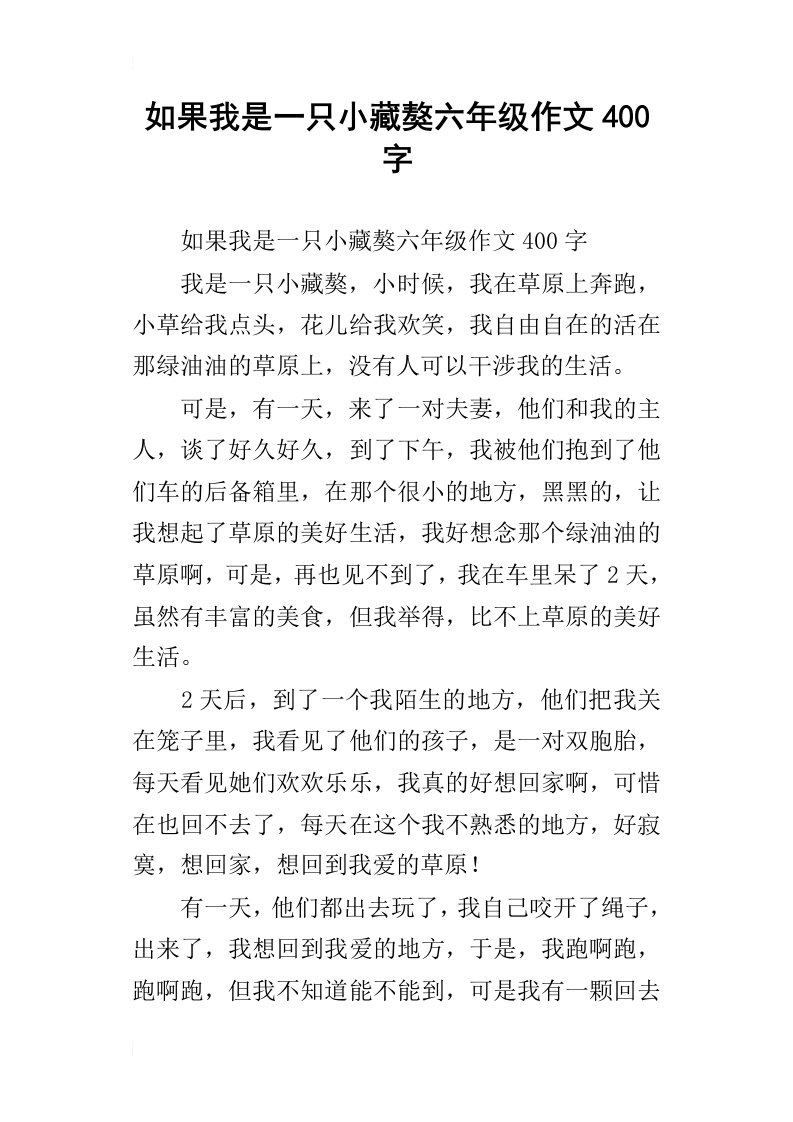 如果我是一只小藏獒六年级作文400字