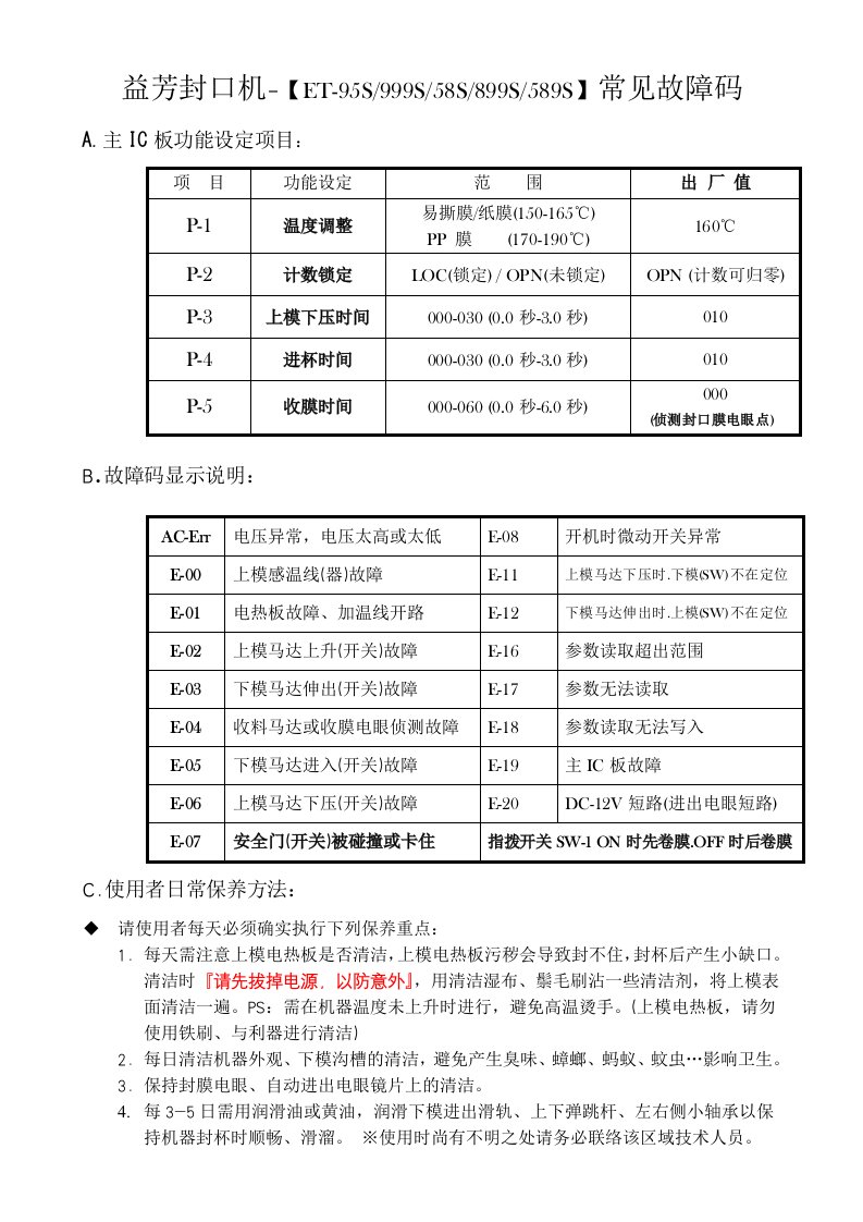 益芳封口机常见故障代码