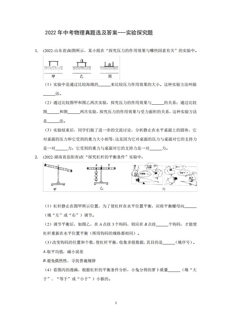 2024年中考物理真题选及答案---实验探究题